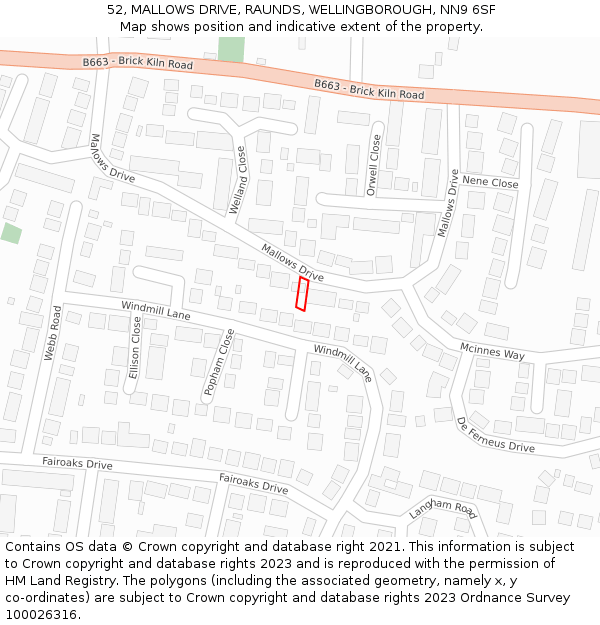52, MALLOWS DRIVE, RAUNDS, WELLINGBOROUGH, NN9 6SF: Location map and indicative extent of plot