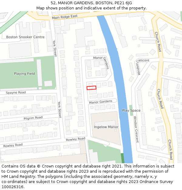 52, MANOR GARDENS, BOSTON, PE21 6JG: Location map and indicative extent of plot