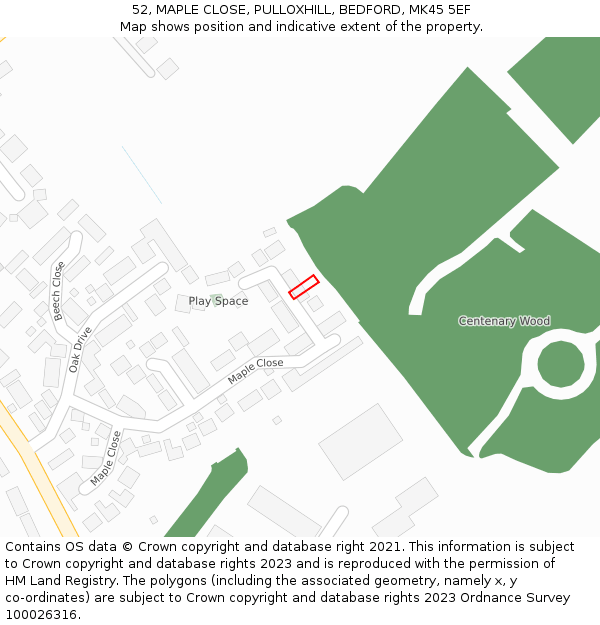52, MAPLE CLOSE, PULLOXHILL, BEDFORD, MK45 5EF: Location map and indicative extent of plot