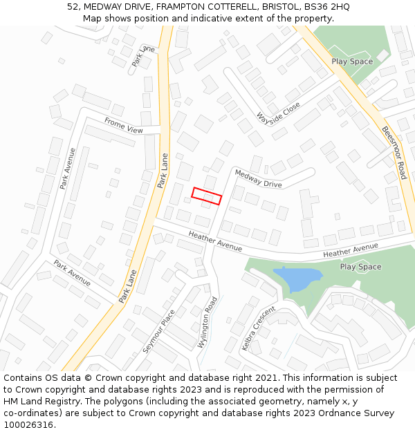 52, MEDWAY DRIVE, FRAMPTON COTTERELL, BRISTOL, BS36 2HQ: Location map and indicative extent of plot