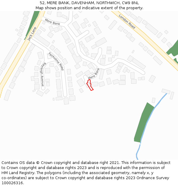 52, MERE BANK, DAVENHAM, NORTHWICH, CW9 8NL: Location map and indicative extent of plot