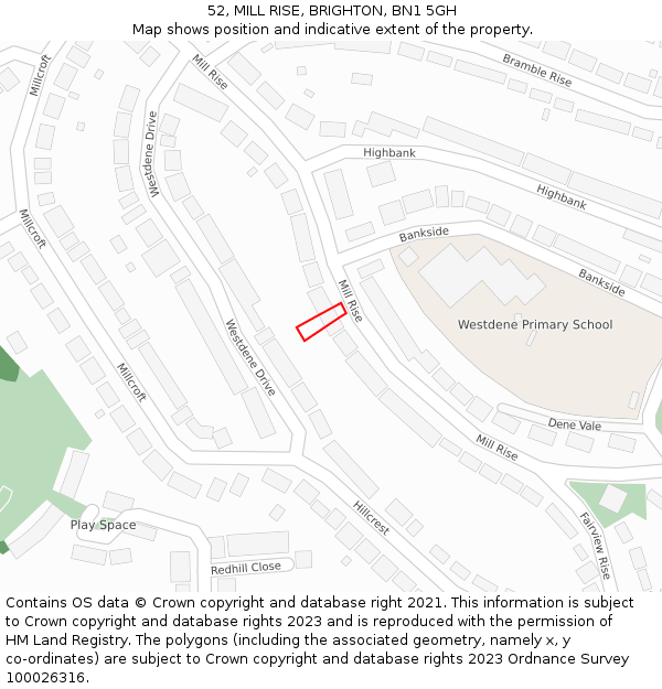 52, MILL RISE, BRIGHTON, BN1 5GH: Location map and indicative extent of plot