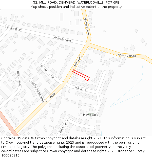 52, MILL ROAD, DENMEAD, WATERLOOVILLE, PO7 6PB: Location map and indicative extent of plot