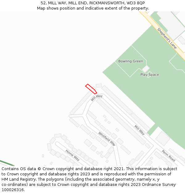 52, MILL WAY, MILL END, RICKMANSWORTH, WD3 8QP: Location map and indicative extent of plot