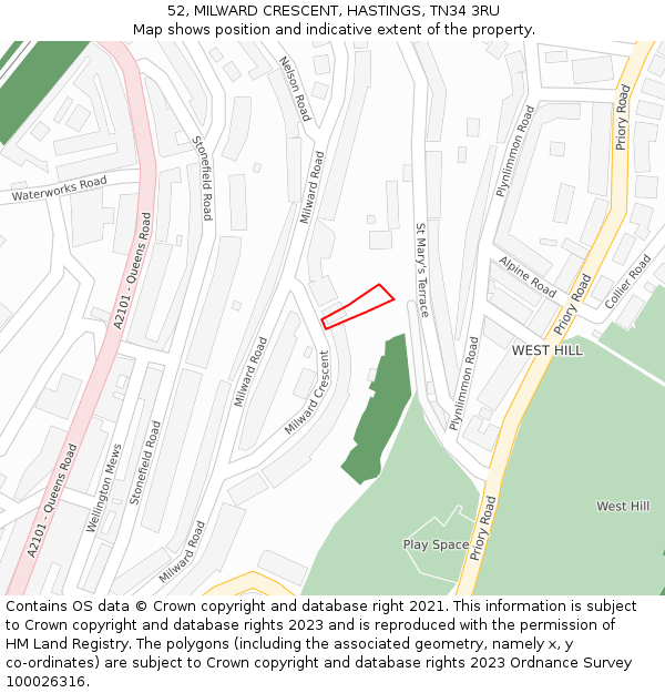 52, MILWARD CRESCENT, HASTINGS, TN34 3RU: Location map and indicative extent of plot