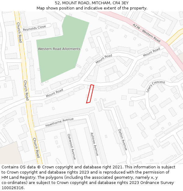52, MOUNT ROAD, MITCHAM, CR4 3EY: Location map and indicative extent of plot