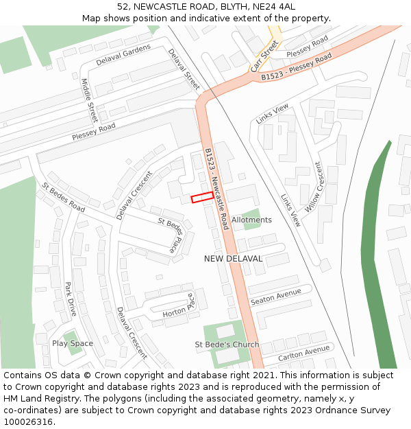52, NEWCASTLE ROAD, BLYTH, NE24 4AL: Location map and indicative extent of plot