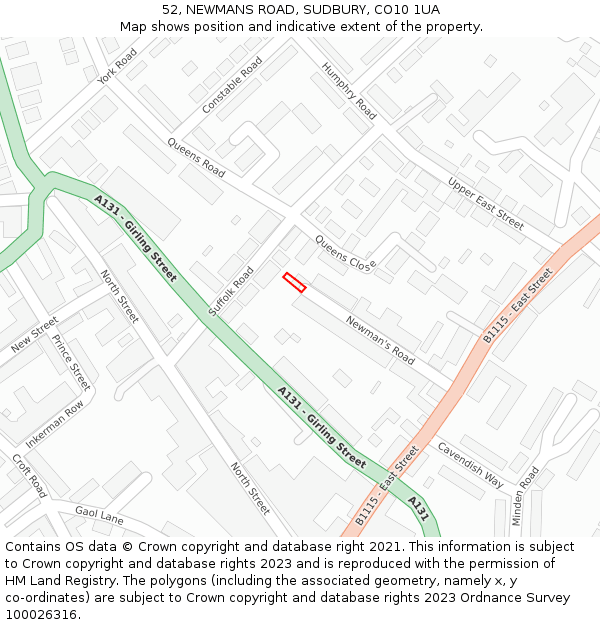 52, NEWMANS ROAD, SUDBURY, CO10 1UA: Location map and indicative extent of plot