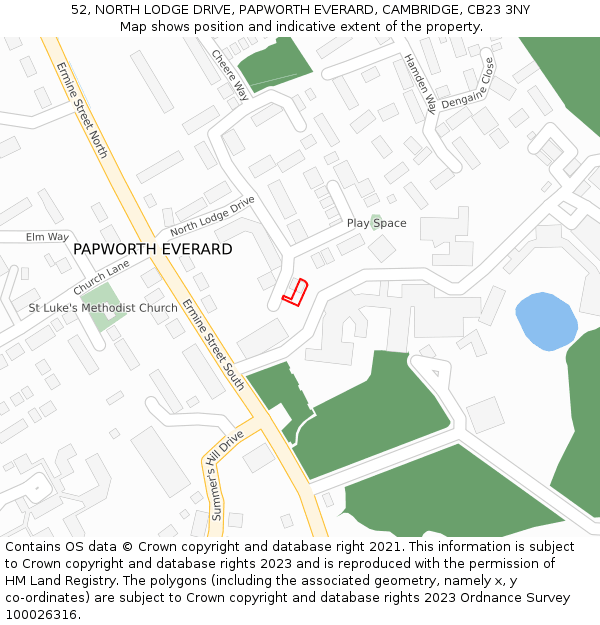 52, NORTH LODGE DRIVE, PAPWORTH EVERARD, CAMBRIDGE, CB23 3NY: Location map and indicative extent of plot