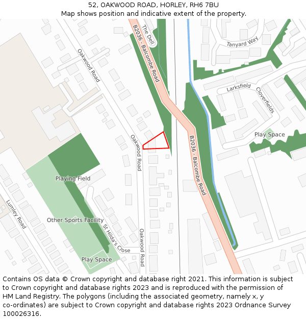 52, OAKWOOD ROAD, HORLEY, RH6 7BU: Location map and indicative extent of plot