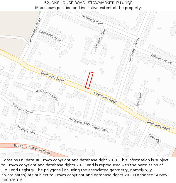 52, ONEHOUSE ROAD, STOWMARKET, IP14 1QP: Location map and indicative extent of plot