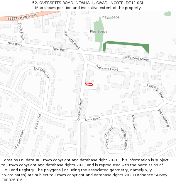52, OVERSETTS ROAD, NEWHALL, SWADLINCOTE, DE11 0SL: Location map and indicative extent of plot