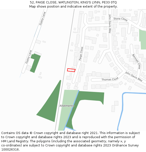 52, PAIGE CLOSE, WATLINGTON, KING'S LYNN, PE33 0TQ: Location map and indicative extent of plot