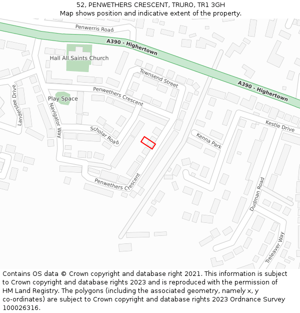 52, PENWETHERS CRESCENT, TRURO, TR1 3GH: Location map and indicative extent of plot