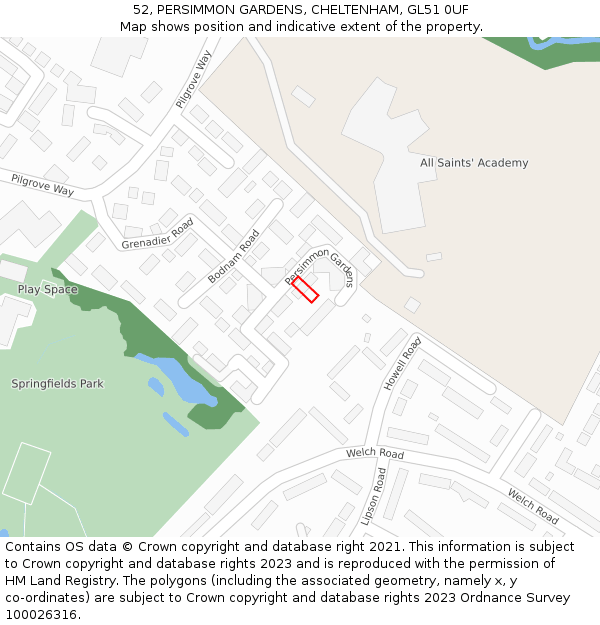 52, PERSIMMON GARDENS, CHELTENHAM, GL51 0UF: Location map and indicative extent of plot