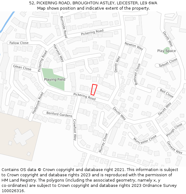 52, PICKERING ROAD, BROUGHTON ASTLEY, LEICESTER, LE9 6WA: Location map and indicative extent of plot