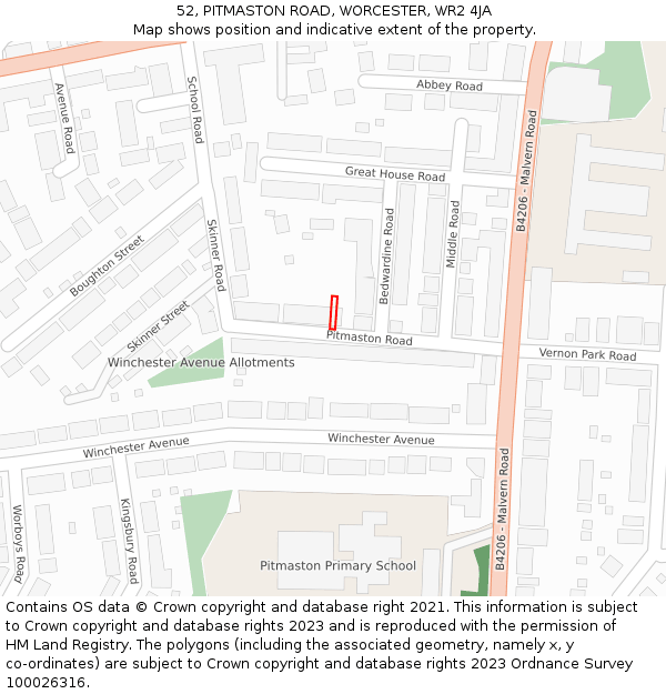 52, PITMASTON ROAD, WORCESTER, WR2 4JA: Location map and indicative extent of plot