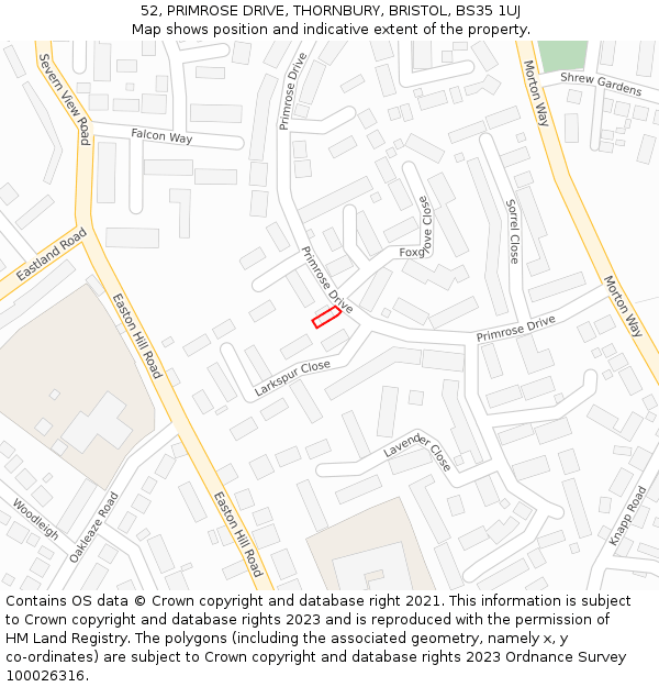 52, PRIMROSE DRIVE, THORNBURY, BRISTOL, BS35 1UJ: Location map and indicative extent of plot