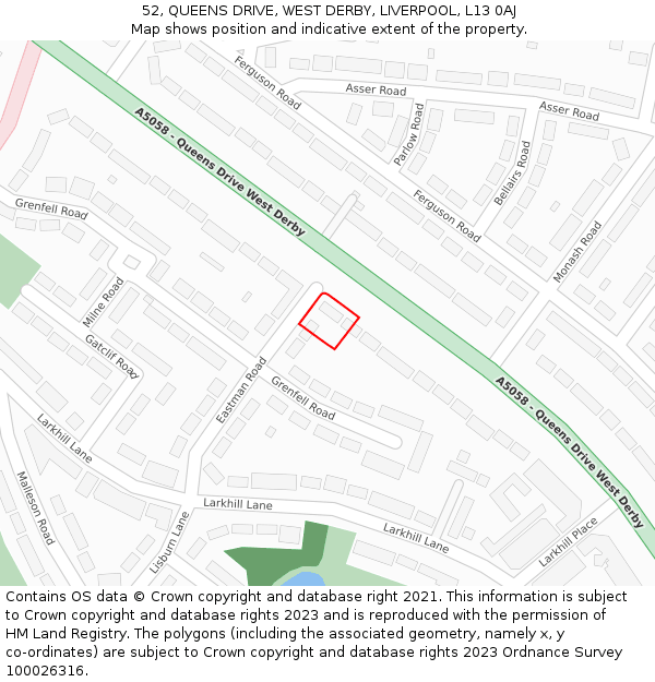 52, QUEENS DRIVE, WEST DERBY, LIVERPOOL, L13 0AJ: Location map and indicative extent of plot