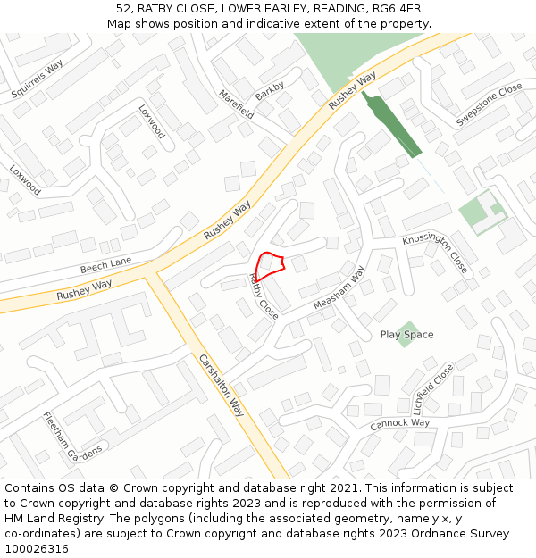 52, RATBY CLOSE, LOWER EARLEY, READING, RG6 4ER: Location map and indicative extent of plot