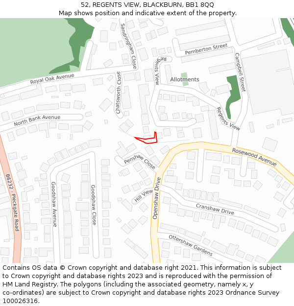 52, REGENTS VIEW, BLACKBURN, BB1 8QQ: Location map and indicative extent of plot