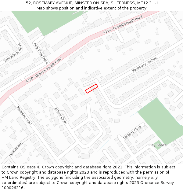 52, ROSEMARY AVENUE, MINSTER ON SEA, SHEERNESS, ME12 3HU: Location map and indicative extent of plot