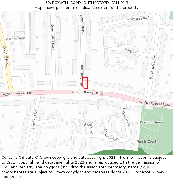 52, ROXWELL ROAD, CHELMSFORD, CM1 2NB: Location map and indicative extent of plot