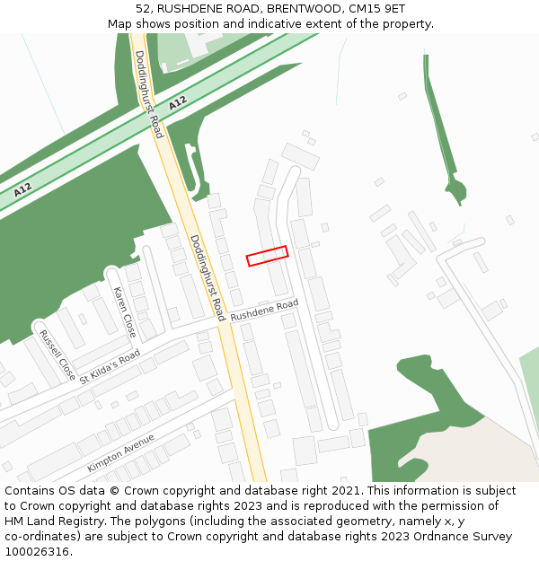 52, RUSHDENE ROAD, BRENTWOOD, CM15 9ET: Location map and indicative extent of plot