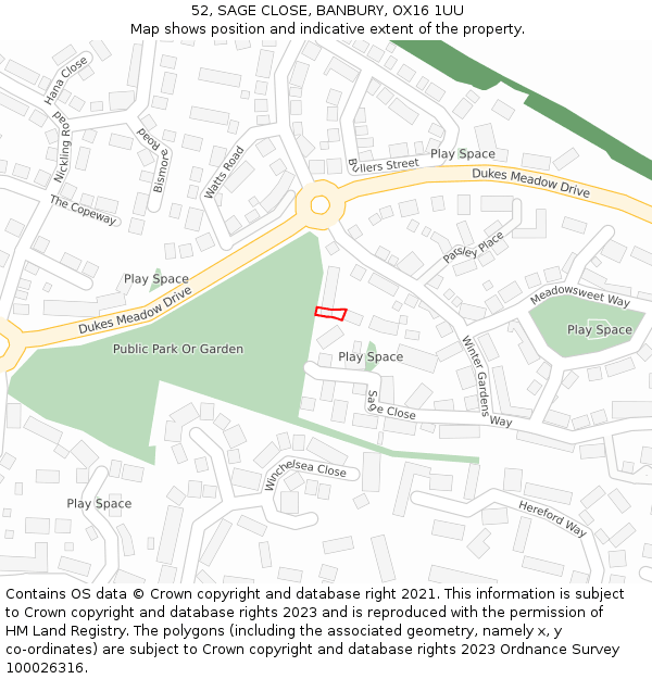 52, SAGE CLOSE, BANBURY, OX16 1UU: Location map and indicative extent of plot
