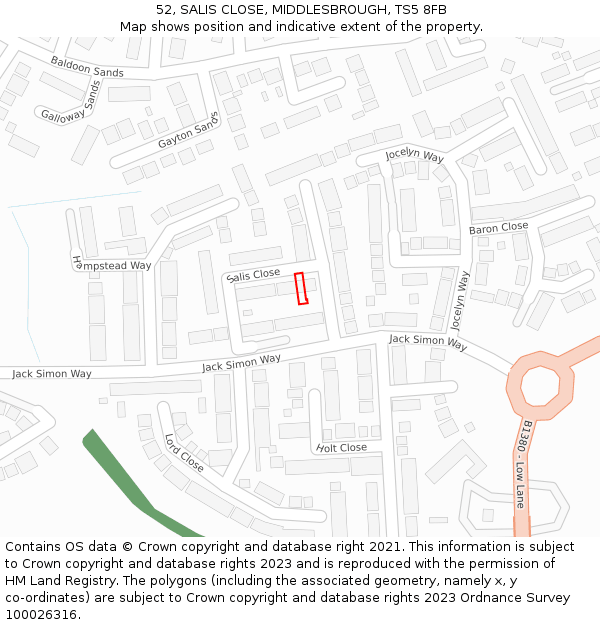 52, SALIS CLOSE, MIDDLESBROUGH, TS5 8FB: Location map and indicative extent of plot