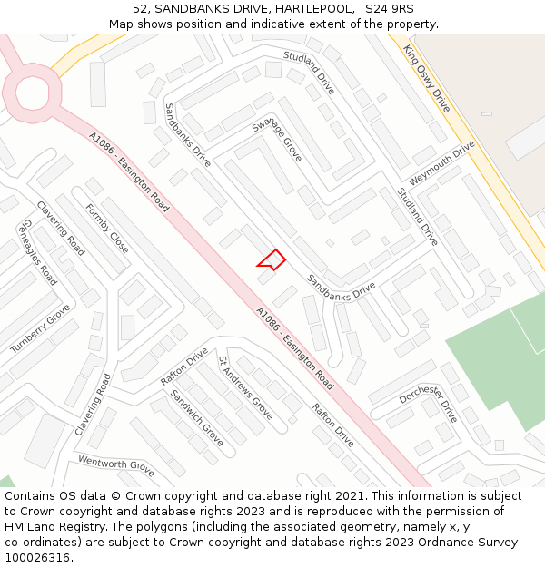 52, SANDBANKS DRIVE, HARTLEPOOL, TS24 9RS: Location map and indicative extent of plot