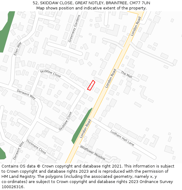 52, SKIDDAW CLOSE, GREAT NOTLEY, BRAINTREE, CM77 7UN: Location map and indicative extent of plot