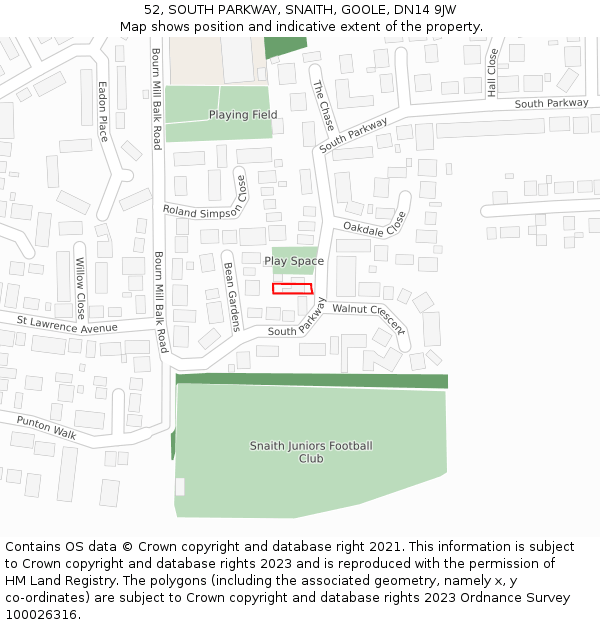 52, SOUTH PARKWAY, SNAITH, GOOLE, DN14 9JW: Location map and indicative extent of plot