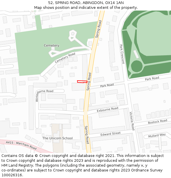 52, SPRING ROAD, ABINGDON, OX14 1AN: Location map and indicative extent of plot