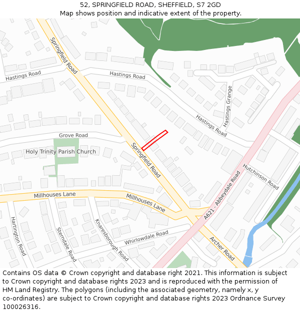 52, SPRINGFIELD ROAD, SHEFFIELD, S7 2GD: Location map and indicative extent of plot