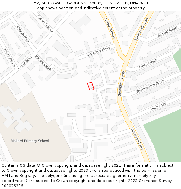 52, SPRINGWELL GARDENS, BALBY, DONCASTER, DN4 9AH: Location map and indicative extent of plot