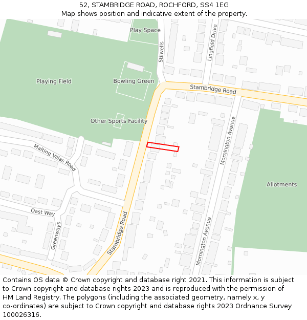 52, STAMBRIDGE ROAD, ROCHFORD, SS4 1EG: Location map and indicative extent of plot
