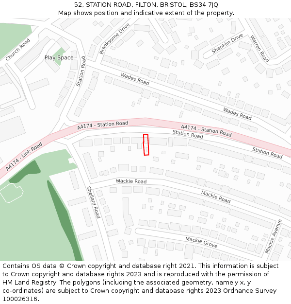52, STATION ROAD, FILTON, BRISTOL, BS34 7JQ: Location map and indicative extent of plot
