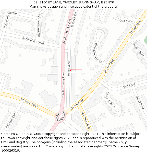 52, STONEY LANE, YARDLEY, BIRMINGHAM, B25 8YP: Location map and indicative extent of plot