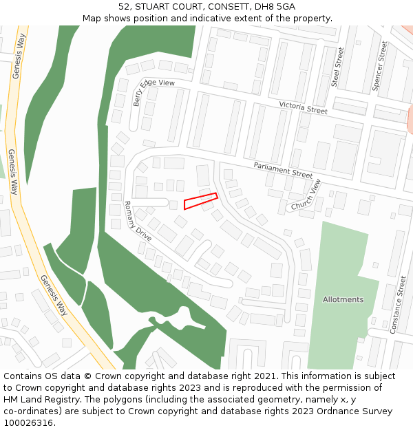 52, STUART COURT, CONSETT, DH8 5GA: Location map and indicative extent of plot