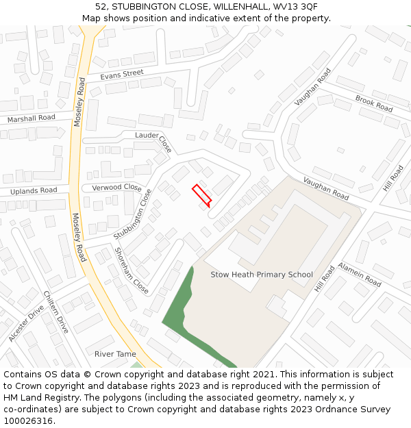 52, STUBBINGTON CLOSE, WILLENHALL, WV13 3QF: Location map and indicative extent of plot