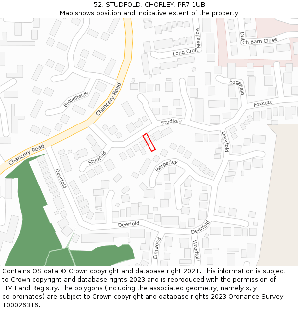52, STUDFOLD, CHORLEY, PR7 1UB: Location map and indicative extent of plot