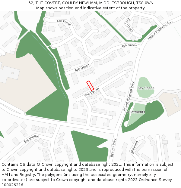 52, THE COVERT, COULBY NEWHAM, MIDDLESBROUGH, TS8 0WN: Location map and indicative extent of plot