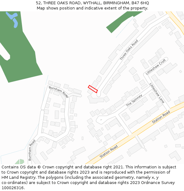 52, THREE OAKS ROAD, WYTHALL, BIRMINGHAM, B47 6HQ: Location map and indicative extent of plot