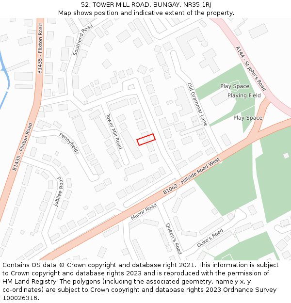 52, TOWER MILL ROAD, BUNGAY, NR35 1RJ: Location map and indicative extent of plot