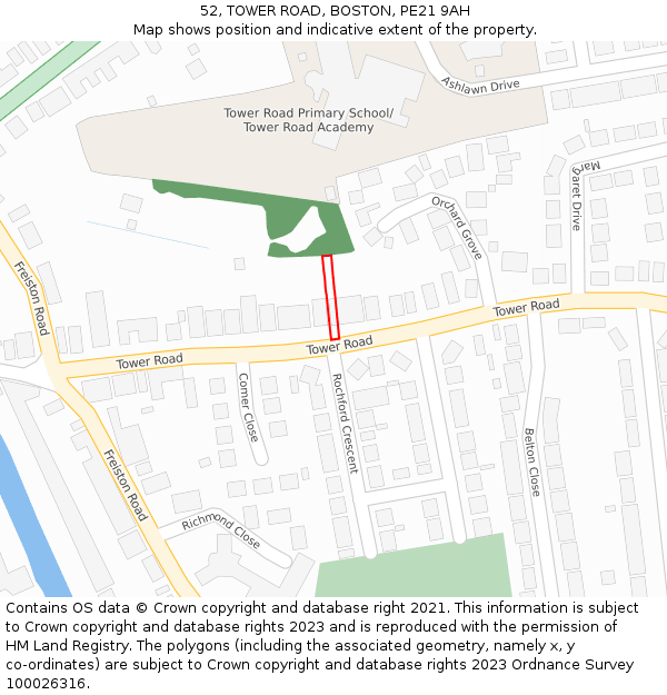 52, TOWER ROAD, BOSTON, PE21 9AH: Location map and indicative extent of plot
