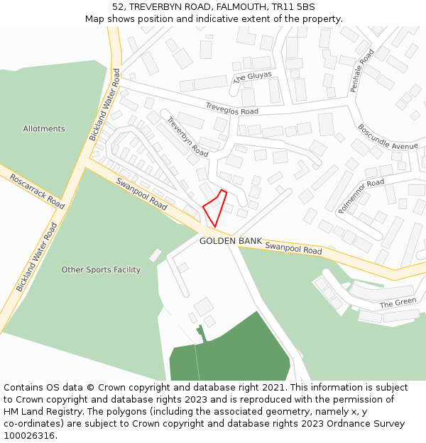 52, TREVERBYN ROAD, FALMOUTH, TR11 5BS: Location map and indicative extent of plot