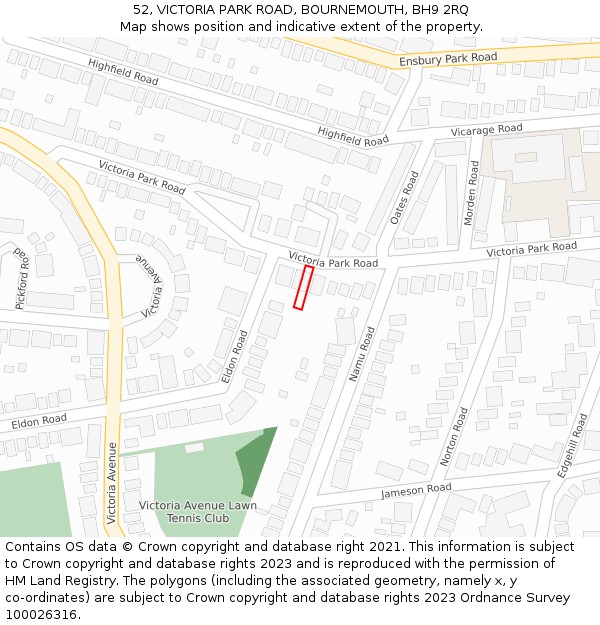 52, VICTORIA PARK ROAD, BOURNEMOUTH, BH9 2RQ: Location map and indicative extent of plot