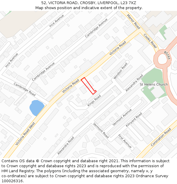 52, VICTORIA ROAD, CROSBY, LIVERPOOL, L23 7XZ: Location map and indicative extent of plot