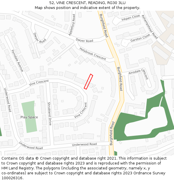 52, VINE CRESCENT, READING, RG30 3LU: Location map and indicative extent of plot